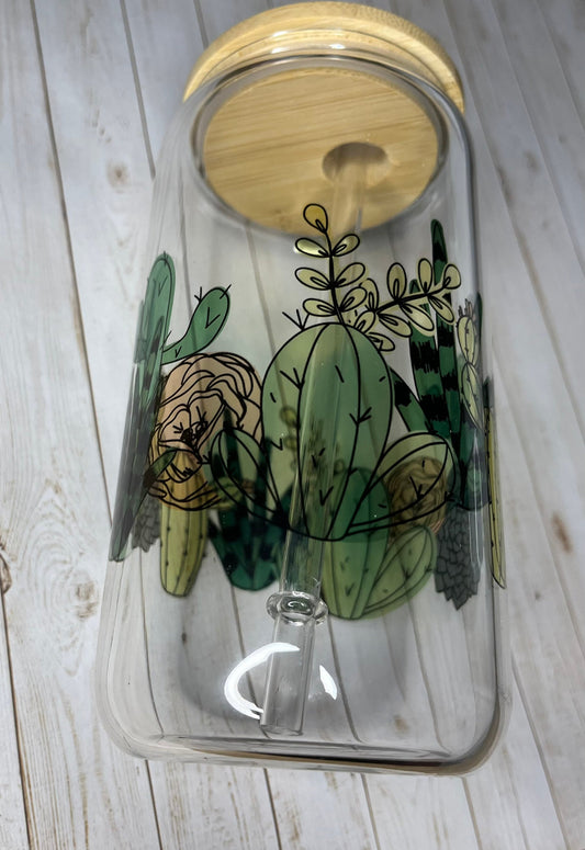 16oz Glass Can Tumbler | Green Cactus and Flowers | Floral