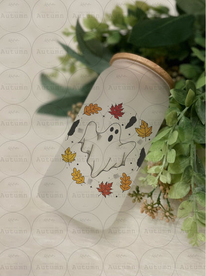 16oz Glass Can Tumbler | Ghost | Leaves | Autumn | Fall Vibes | Iced Coffee Glass