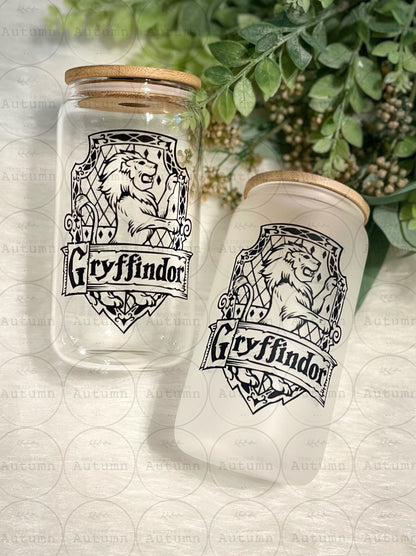 16oz Glass Can Tumbler | Harry Potter | Hogwarts Houses | Gryffindor | Magical Wizarding World | Iced Coffee Glass