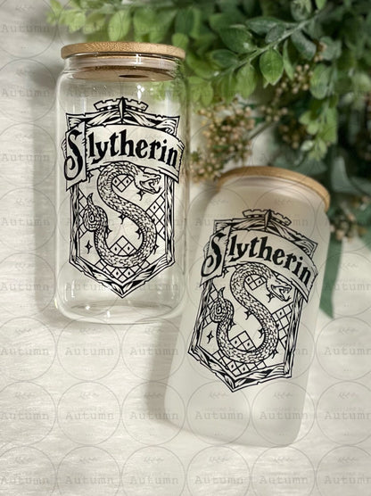 16oz Glass Can Tumbler | Harry Potter | Hogwarts Houses | Slytherin | Magical Wizarding World | Iced Coffee Glass