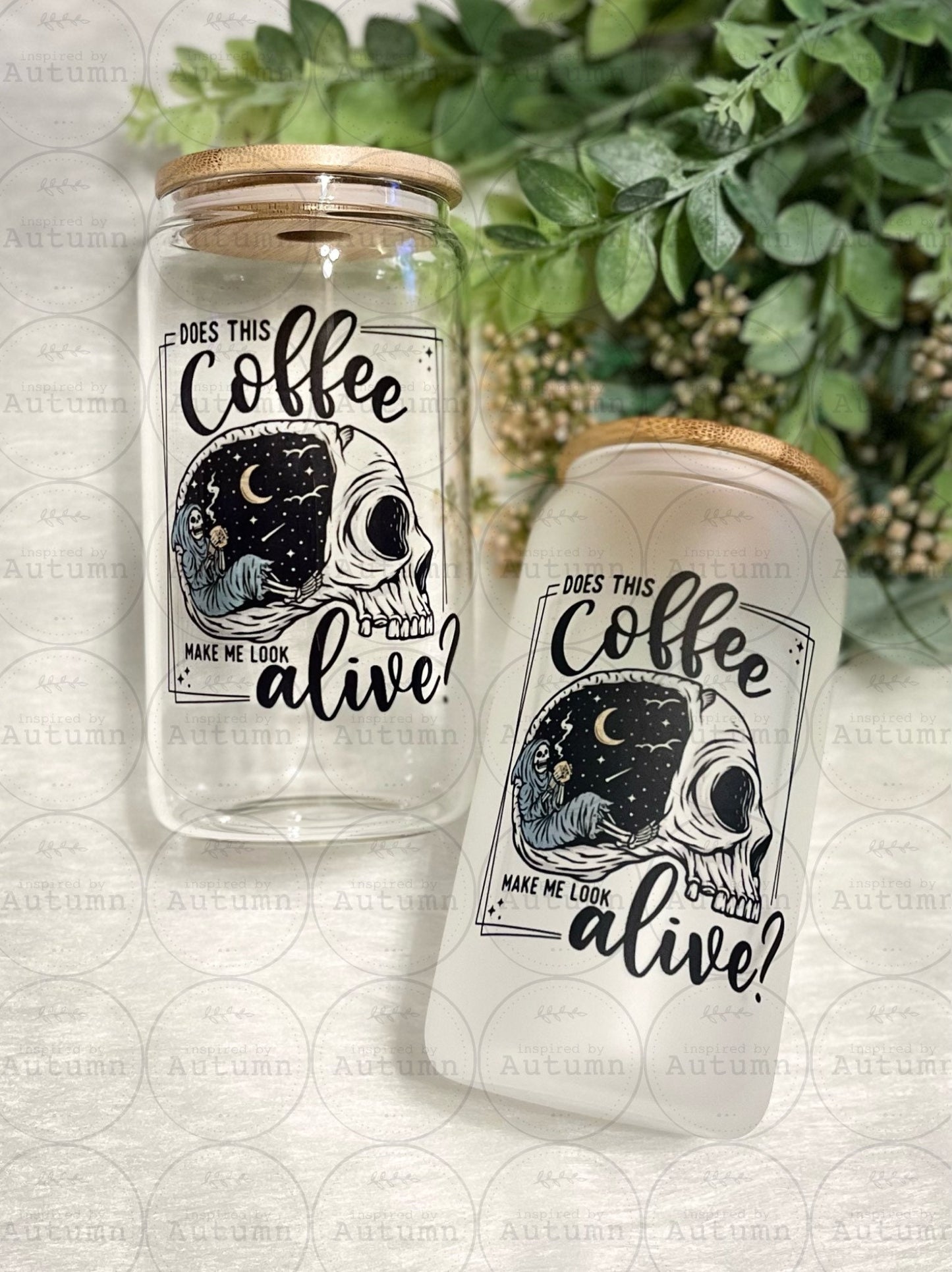 16oz Glass Can Tumbler | Does This Coffee Make Me Look Alive? | Skellie | Skull | Iced Coffee Glass