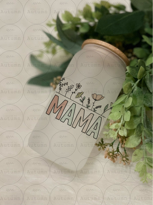 Frosted 16oz Glass Can Tumbler | Mama | Mothers Day Gift | Floral | Iced Coffee Glass