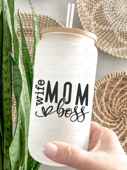 16oz Glass Can Tumbler | Wife Mom Boss | Mothers Day Gift | Iced Coffee Glass