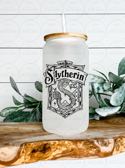 16oz Glass Can Tumbler | Harry Potter | Hogwarts Houses | Slytherin | Magical Wizarding World | Iced Coffee Glass