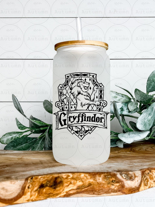 16oz Glass Can Tumbler | Harry Potter | Hogwarts Houses | Gryffindor | Magical Wizarding World | Iced Coffee Glass