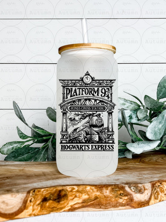 16oz Glass Can Tumbler | Harry Potter | Hogwarts Express | Platform 9 3/4 | Magical | Wizarding World | Iced Coffee Glass