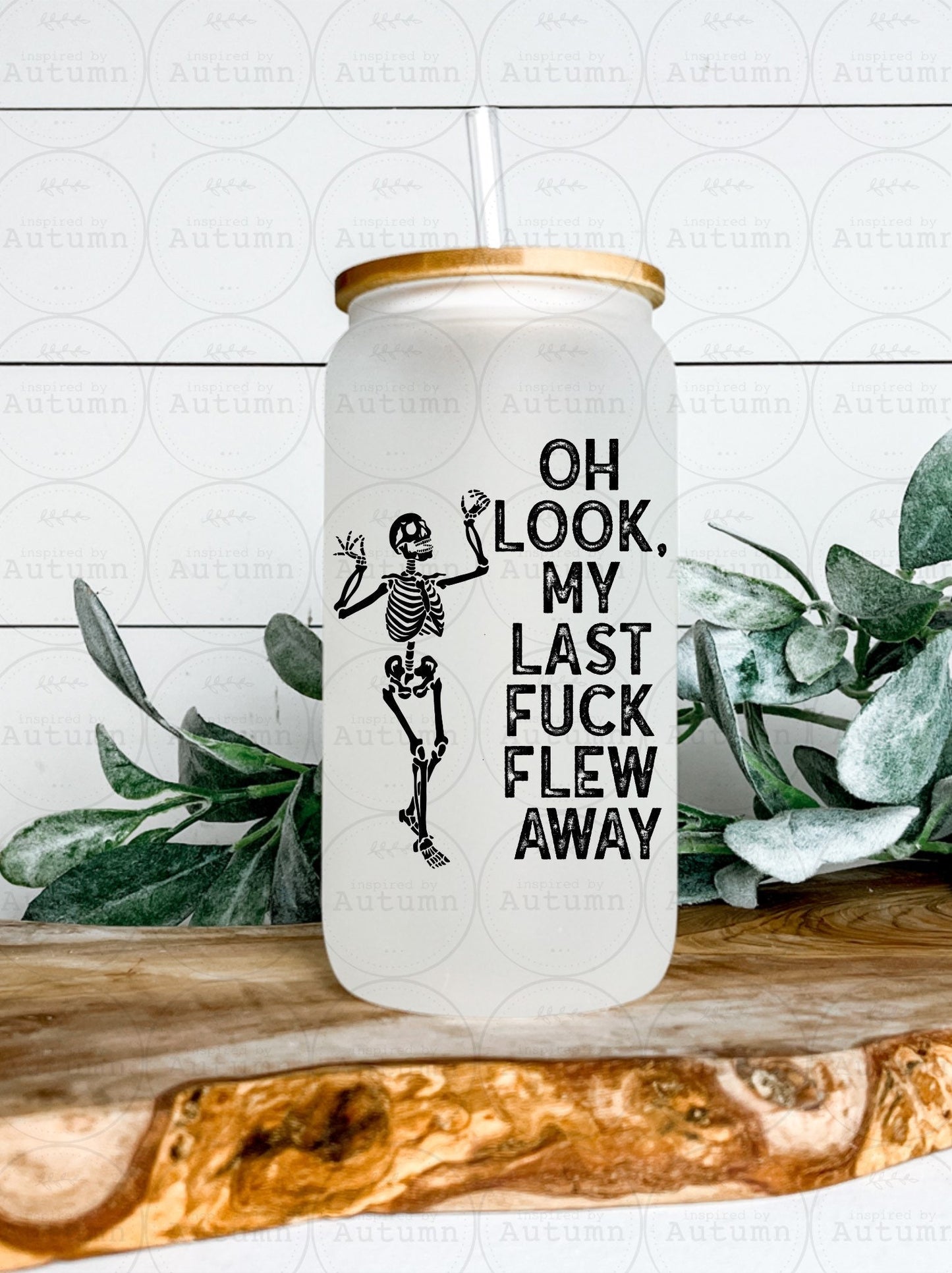 16oz Glass Can Tumbler | Oh Look My Last Fuck Flew Away | Skellie | Skeleton | Skull | Iced Coffee Glass