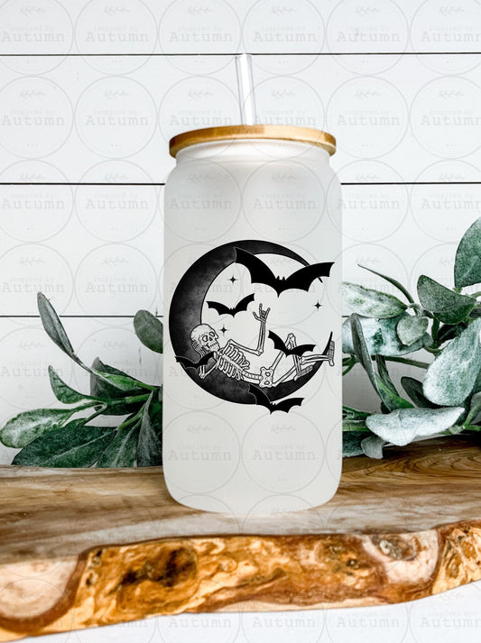 16oz Glass Can Tumbler | Skeleton On Moon | Skellie | Bats | Skull | Iced Coffee Glass