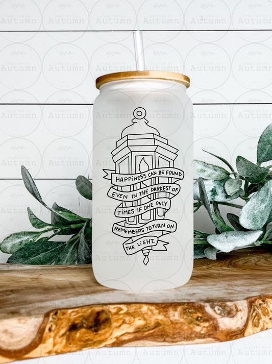 16oz Glass Can Tumbler | Harry Potter | Dumbledore Quote Happiness Can Be Found | Magical Wizarding World | Iced Coffee Glass