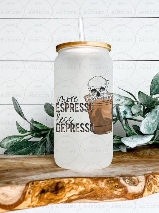 16oz Glass Can Tumbler | More Espresso Less Depresso | Skellie | Skulls | Iced Coffee Glass