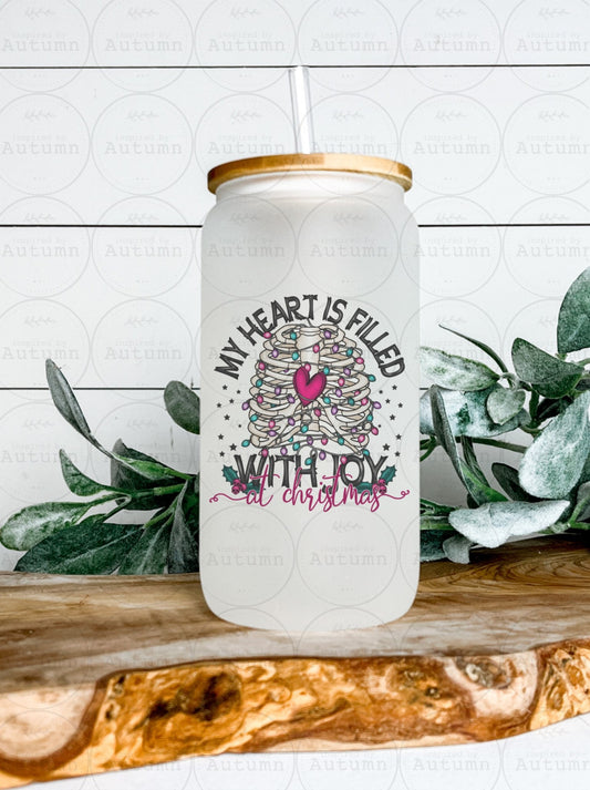 16oz Glass Can Tumbler | My Heart Is Filled With Joy At Christmas | Skeleton | Skellie | Iced Coffee Glass