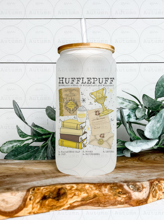 16oz Glass Can Tumbler | Harry Potter | Hogwarts Houses | Hufflepuff | Magical Wizarding World | Iced Coffee Glass