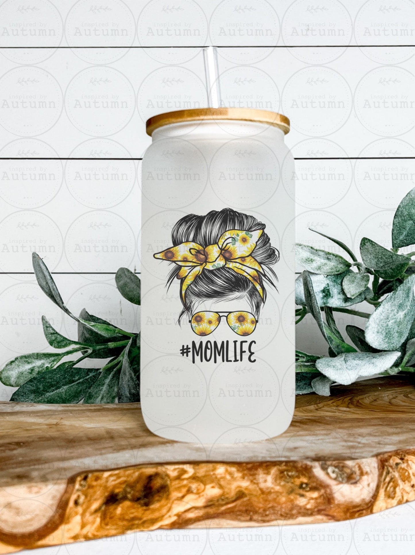 16oz Glass Can Tumbler | Mom Life | Sunflowers | Messy Bun | Mothers Day Gift | Floral | Iced Coffee Glass