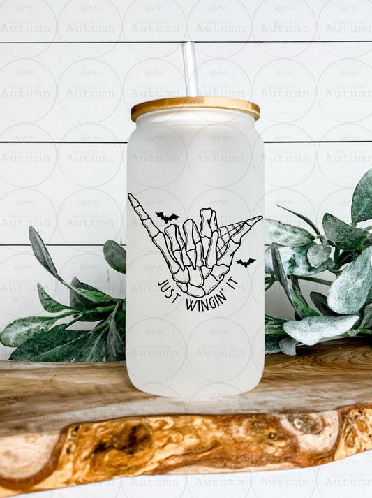 16oz Glass Can Tumbler | Just Wingin’ It | Skellie | Spider Webs | Bats | Iced Coffee Glass