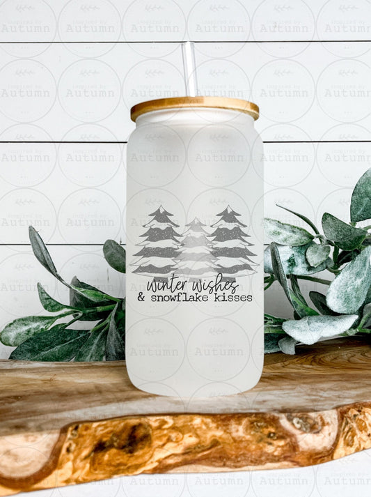 16oz Glass Can Tumbler | Winter Wishes And Snowflake Kisses | Christmas | Candy Canes | Sleigh Rides | Winter | Iced Coffee Glass