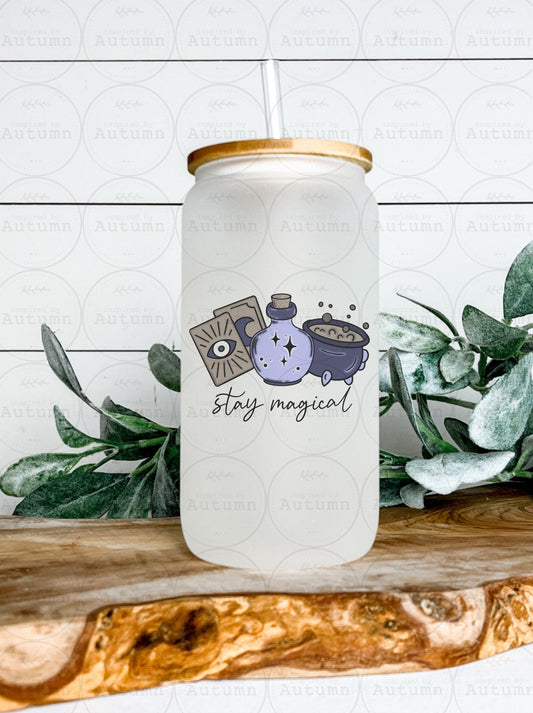 16oz Glass Can Tumbler | Stay Magical | Tarot Cards | Potions | Cauldron | Witchy Vibes | Iced Coffee Glass