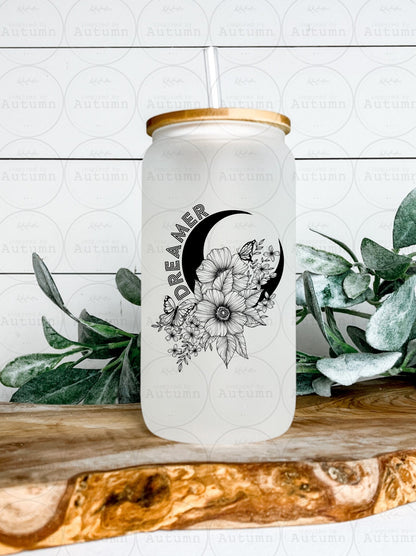 16oz Glass Can Tumbler | Dreamer | Moon | Floral | Butterfly | Iced Coffee Glass