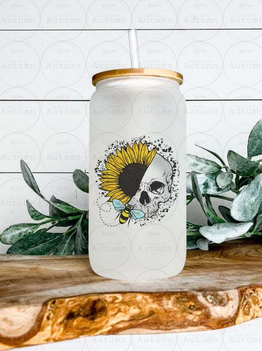 16oz Glass Can Tumbler | Sunflower | Bee | Skull | Skellie | Diamond | Iced Coffee Glass