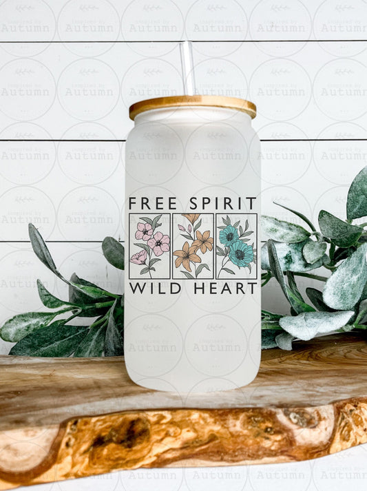 16oz Glass Can Tumbler | Free Spirit | Wild Heart | Floral | Iced Coffee Glass