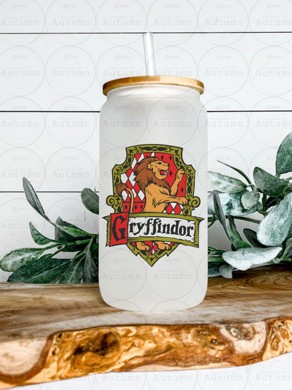 16oz Glass Can Tumbler | Harry Potter | Hogwarts Houses | Gryffindor | Magical Wizarding World | Iced Coffee Glass