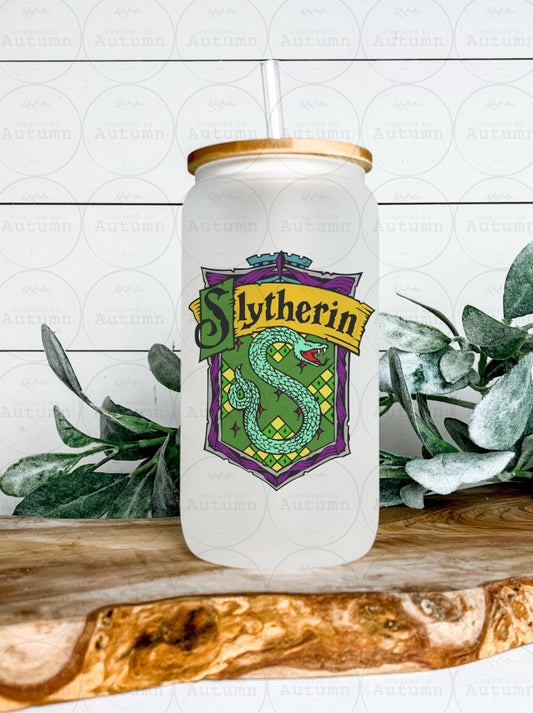 16oz Glass Can Tumbler | Harry Potter | Hogwarts Houses | Slytherin | Magical Wizarding World | Iced Coffee Glass