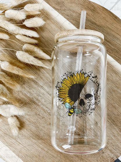 16oz Glass Can Tumbler | Sunflower | Bee | Skull | Skellie | Diamond | Iced Coffee Glass