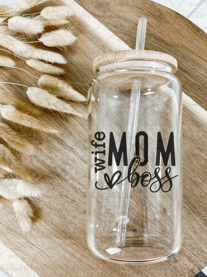 16oz Glass Can Tumbler | Wife Mom Boss | Mothers Day Gift | Iced Coffee Glass