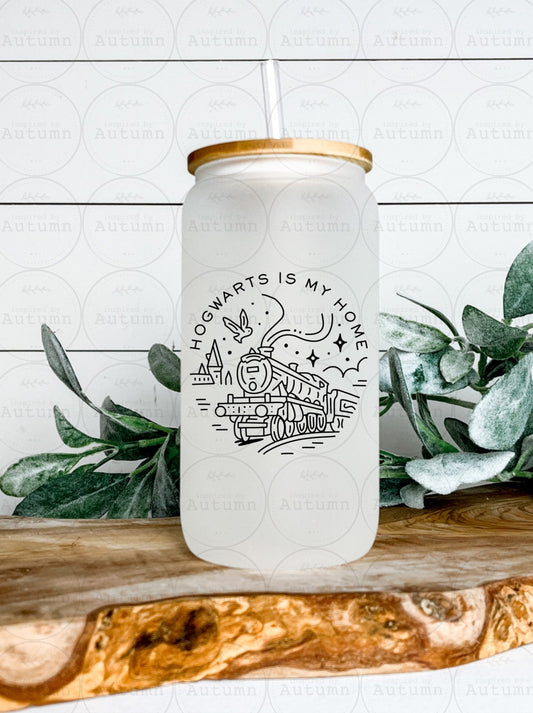 16oz Glass Can Tumbler | Harry Potter | Hogwarts Express Is My Home | Platform 9 3/4 | Magical Wizarding World | Iced Coffee Glass