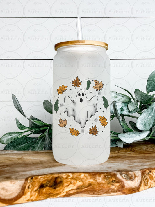 16oz Glass Can Tumbler | Ghost | Leaves | Autumn | Fall Vibes | Iced Coffee Glass