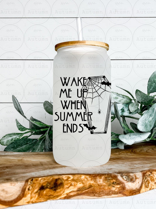 16oz Glass Can Tumbler | Wake Me Up When Summer Ends | Skellie | Coffin | Bats | Spider Webs | Skull | Iced Coffee Glass