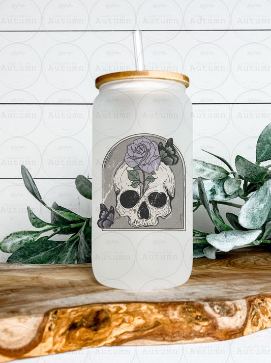 16oz Glass Can Tumbler | Skull And Butterflies | Floral | Skellie | Iced Coffee Glass