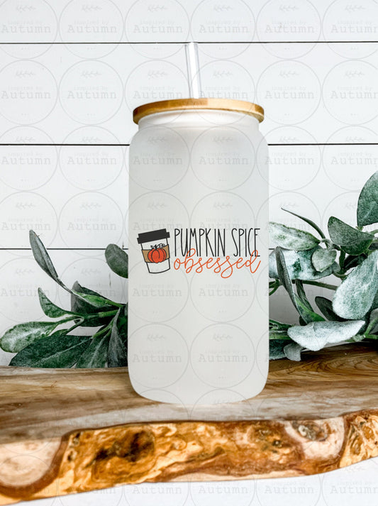 16oz Glass Can Tumbler | Pumpkin Spice Obsessed | Autumn | Fall Vibes | Pumpkin Patch | Leaves | Iced Coffee Glass