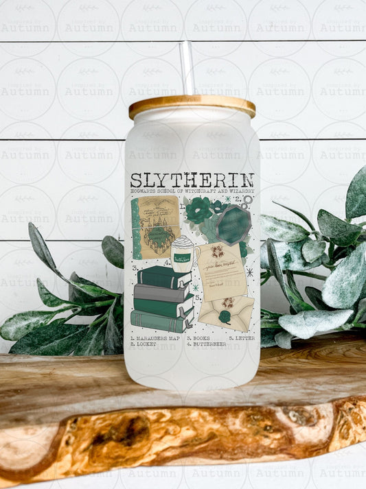 16oz Glass Can Tumbler | Harry Potter | Hogwarts Houses | Slytherin | Magical Wizarding World | Iced Coffee Glass