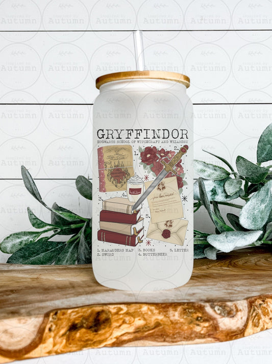 16oz Glass Can Tumbler | Harry Potter | Hogwarts Houses | Gryffindor | Magical Wizarding World | Iced Coffee Glass