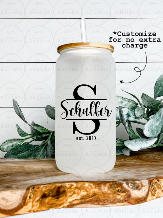 Personalized 16oz Glass Can Tumbler | Family Name | Spouse Gift | Wedding Gift | Anniversary Gift | Iced Coffee Glass