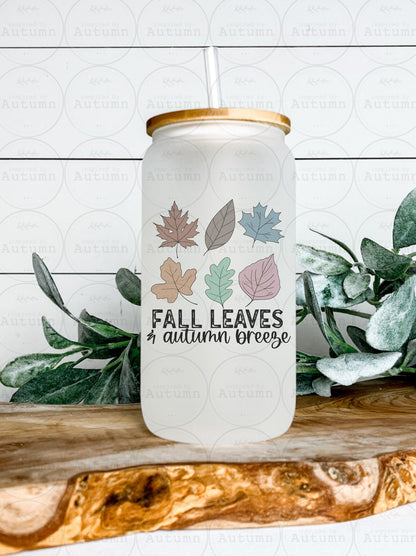 16oz Glass Can Tumbler | Fall Leaves And Autumn Breeze | Fall Vibes | Pumpkin Spice | Pumpkin Patch | Cozy Season | Iced Coffee Glass