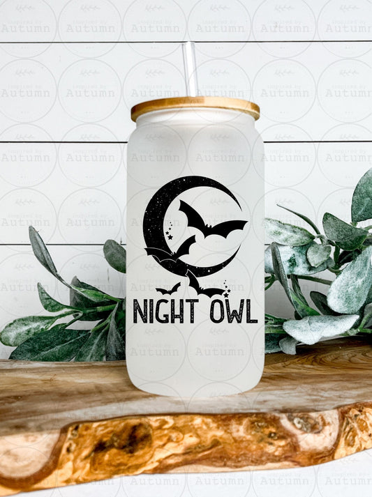 16oz Glass Can Tumbler | Night Owl | Bats | Moon | Iced Coffee Glass