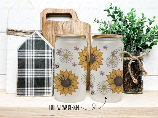 16oz Glass Can Tumbler | Sunflowers | Daisies | Floral | Bees | Iced Coffee Glass