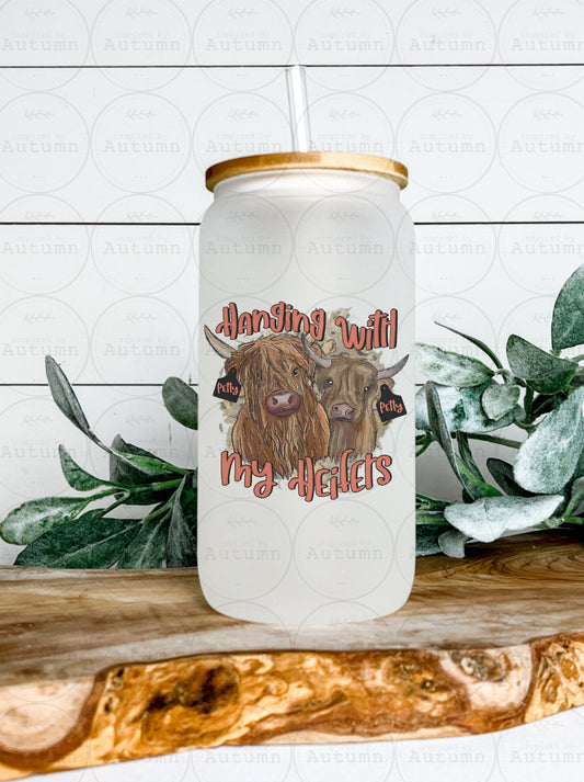 16oz Glass Can Tumbler | Hanging With My Heifers | Texas | Country | Cow Lover | Iced Coffee Glass