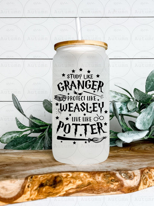 16oz Glass Can Tumbler | Harry Potter | Study Like Granger Protect Like Weasley Live Live Like Potter | Magical | Iced Coffee Glass