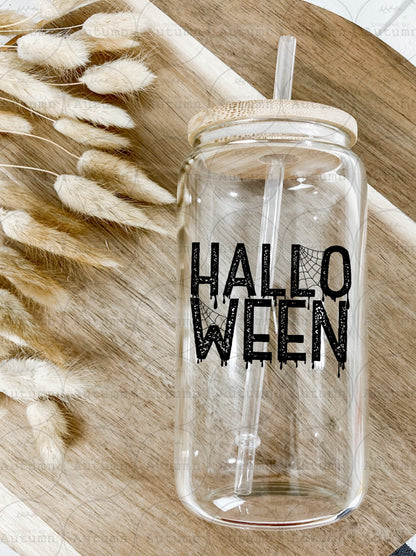 16oz Glass Can Tumbler | Halloween | Spooky Season | Bats | Pumpkins | Spider Webs | Iced Coffee Glass