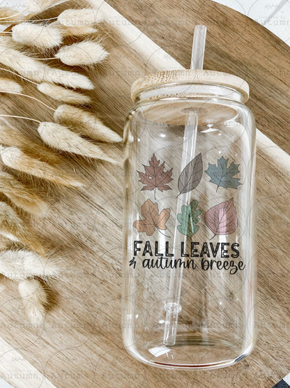 16oz Glass Can Tumbler | Fall Leaves And Autumn Breeze | Fall Vibes | Pumpkin Spice | Pumpkin Patch | Cozy Season | Iced Coffee Glass