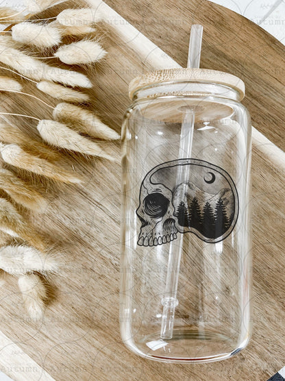 16oz Glass Can Tumbler | Mountains | Trees | Moon | Skellie | Skull | Iced Coffee Glass