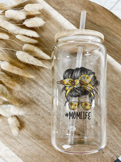 16oz Glass Can Tumbler | Mom Life | Sunflowers | Messy Bun | Mothers Day Gift | Floral | Iced Coffee Glass