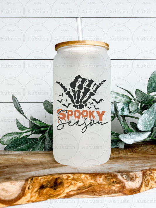 16oz Glass Can Tumbler | Spooky Season | Bats | Skeleton | Skellie | Pumpkins | Halloween | Iced Coffee Glass