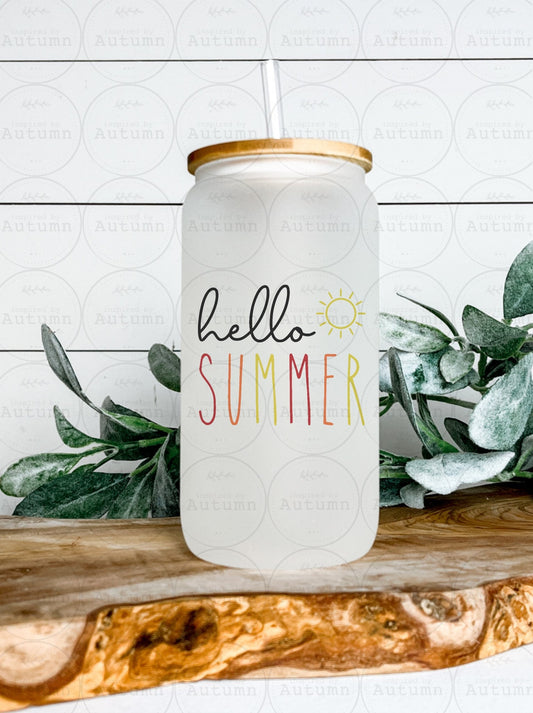 16oz Glass Can Tumbler | Hello Summer | Sunshine | Sun | Iced Coffee Glass