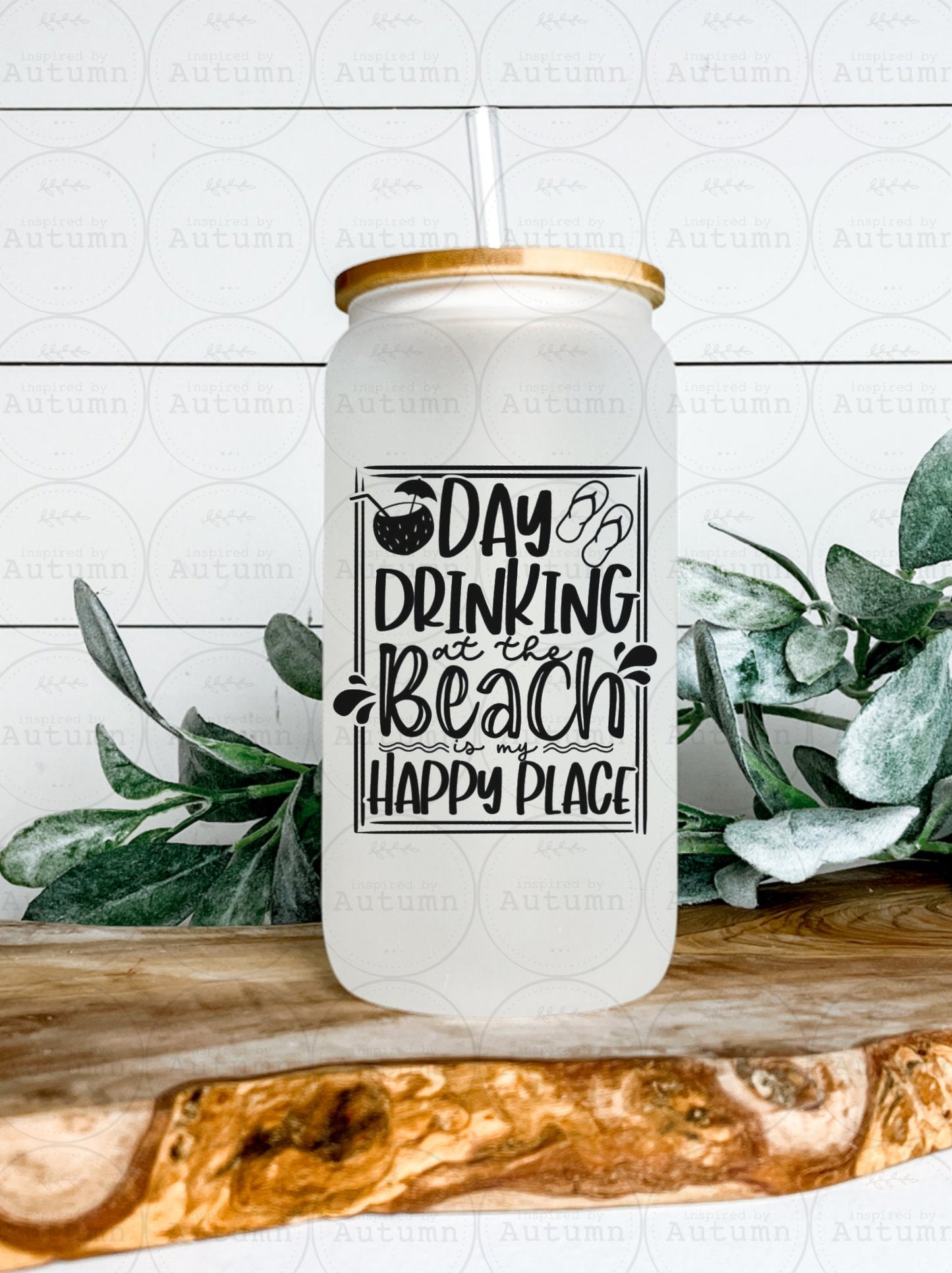 16oz Glass Can Tumbler | Day Drinking At The Beach Is My Happy Place | Summer | Iced Coffee Glass