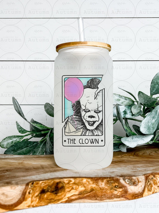 16oz Glass Can Tumbler | The Clown | Horror | Tarot Cards | Neon | Iced Coffee Glass