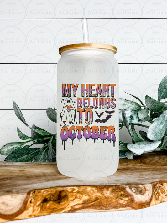 16oz Glass Can Tumbler | My Heart Belongs To October | Ghost | Autumn | Fall Vibes | Iced Coffee Glass