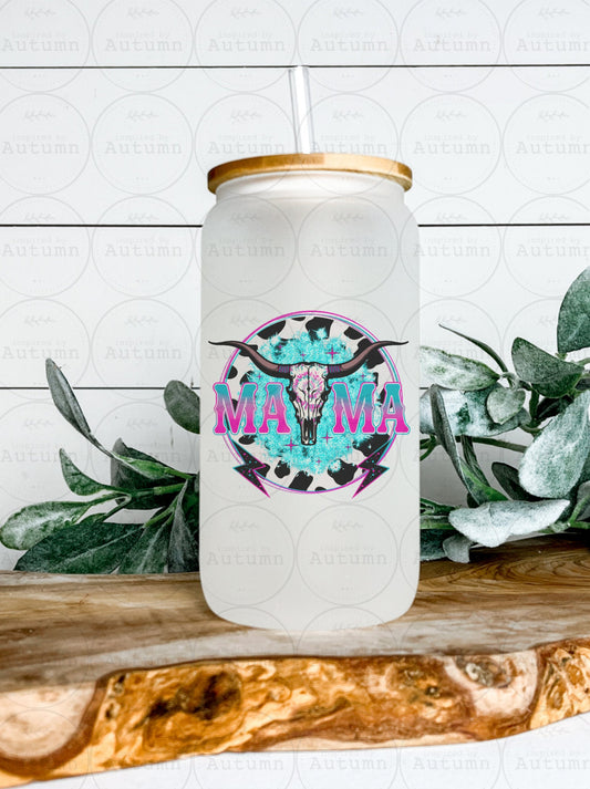 16oz Glass Can Tumbler | Mama | Mom Life | Momlife | Country | Cow Lover | Bull Skull | Iced Coffee Glass